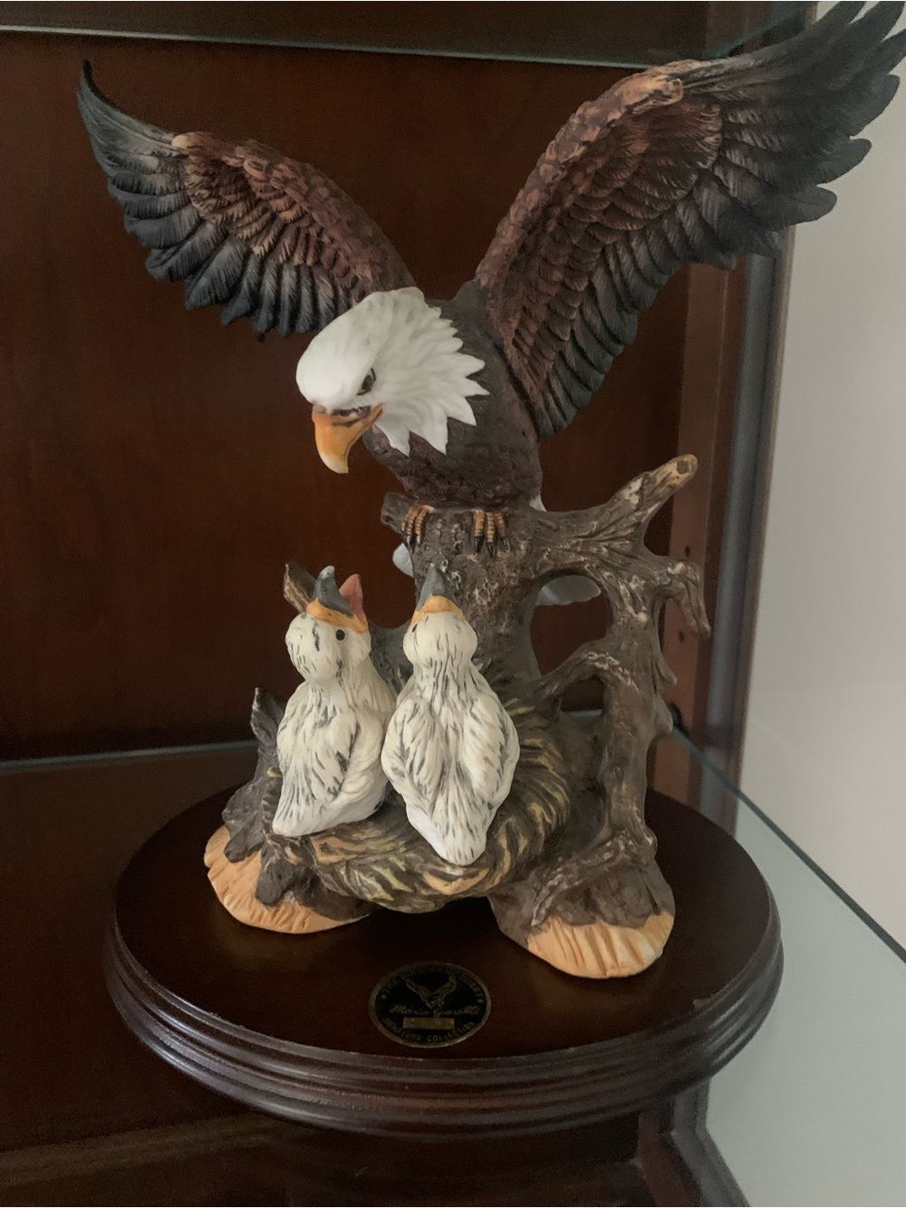 Hand-Painted Eagle Family Sculpture in Brown and White